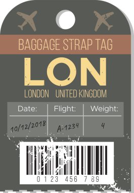 Bu bagaj kayışı etiketi, Londra, İngiltere 'de gidilecek yer, seyahat tarihi, uçuş numarası ve ağırlığı da dahil olmak üzere seyahat bilgilerini içerir..