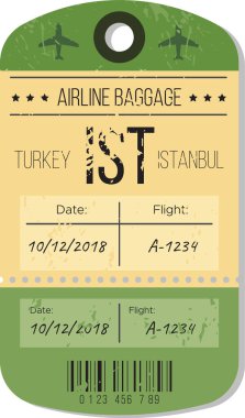 Bu bagaj etiketinde İstanbul, Türkiye 'ye gidiş tarihi, 12 Ekim 2018 ve A-1234 sefer sayılı uçuşun detayları yer alıyor..