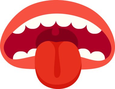 Resimde açık bir ağız, beyaz dişler ve parlak kırmızı bir dil tasvir edilir, canlı renkler görsel etkiyi artırır ve dikkat çeker.