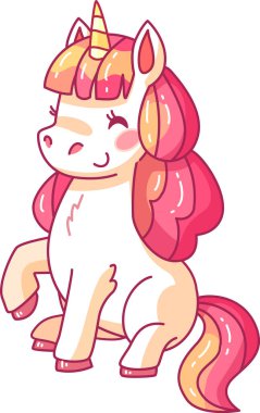 Pembe ve sarı yeleli neşeli bir tek boynuzlu at neşeli kişiliğini ve kaprisli cazibesini çocuk tasarımları için mükemmel bir şekilde sergiliyor..