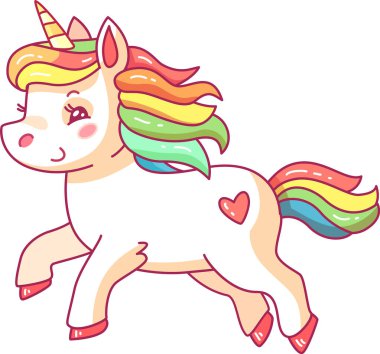 Gökkuşağı renginde yelesi olan bu neşeli tek boynuzlu at renkli tasarımını ve yanında çocuk sanatı için mükemmel bir kalp detayını sergiliyor...