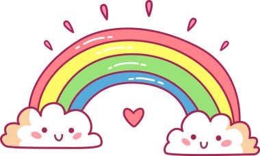 Canlı bir çizgi film tarzı gökkuşağı, yumuşak, güler yüzlü bulutlardan çıkar. Bir kalple süslenir. Çocuk sanatına ve dekorasyonuna uygun neşeli ve eğlenceli bir atmosfer yaratır..