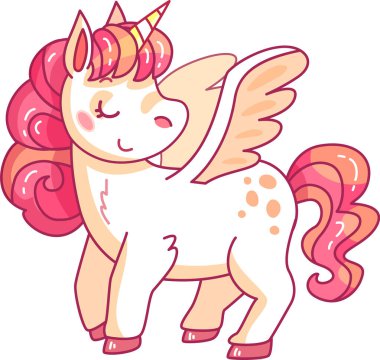 Büyüleyici tek boynuzlu at gururla duruyor kanatlarını açmış neşeli ruhunu ve renkli yelesini neşeli bir arka plana karşı sergiliyor..