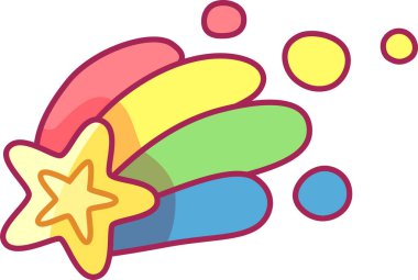 Sanat eserlerinde gökkuşağı renkli çizgileri ve dairesel ışıltılarıyla neşeli ve neşeli bir atmosfer yaratan parlak bir kayan yıldız yer alıyor..