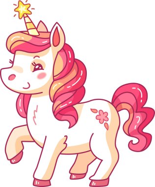 Canlı pembe yeleli ve ışıl ışıl boynuzlu büyüleyici bir tek boynuzlu at. Tasarım, çocuklara hitap eden pastel renkler ve eğlenceli desenlere sahiptir..