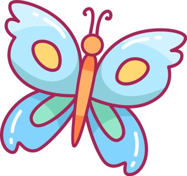 Canlı bir kelebek, yumuşak sarı aksanları ve turuncu bir vücudu olan çarpıcı mavi kanatlarını sergiler. Bu enfes illüstrasyon neşeli ve neşeli bir hava yayıyor..