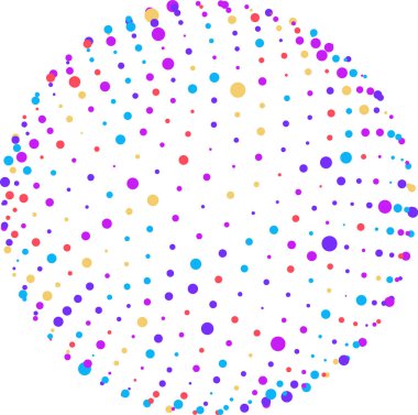 Beyaz arkaplan üzerindeki renkli noktalar soyut küre biçiminde. Canlı tasarım festival atmosferi yaratır, kutlamalar için mükemmeldir. Basit şablon her projeye eğlence katar. Vektör illüstrasyonu.