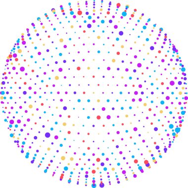 Farklı boyutlarda renkli noktalarla soyut arkaplan beyaz arkaplanda bir çember oluşturur. Vektör illüstrasyonu.