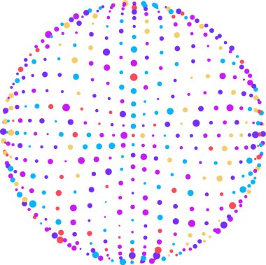 Değişen boyutlardaki renkli noktalar beyaz zemin üzerinde soyut bir küre oluşturuyor. Vektör illüstrasyonu.