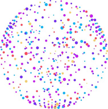 Beyaz arka planda çeşitli boylarda renkli polka noktalarından oluşan soyut küre şekli. Vektör illüstrasyonu.