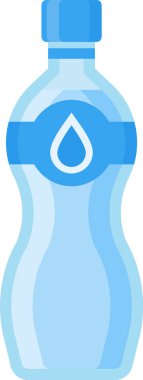Su damlası, saflık ve hidrasyon içeren mavi etiketli plastik bir şişenin basit bir çizimi
