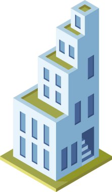 Bu izometrik resimde, sürdürülebilir ve çevre dostu mimari tasarım ilkelerini somutlaştıran yeşil çatıları olan modern bir bina sergileniyor.