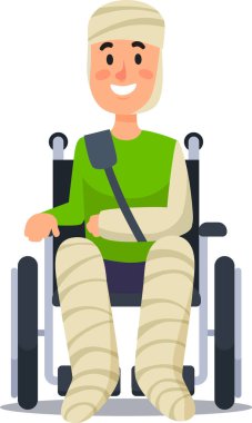 Heartwarming cartoon shows a patient healing in a wheelchair, radiating hope and positivity despite injuries. clipart