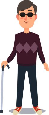 Gülümseyen kör adam bastonuyla duruyor, günlük giysiler ve siyah gözlüklerle mutluluk ve bağımsızlık yayıyor, özgüven ve kararlılığı somutlaştırıyor.