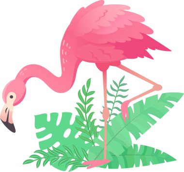 Çizgi film pembe flamingo arka planda tropikal yapraklarla tek ayak üzerinde duruyor, yaz veya tropikal temalı tasarımlar için mükemmel.