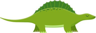 Dost canlısı yeşil dimetrodon dinozoru beyaz arka planda mutlu bir şekilde yürür. Çocukların eğitimi ve eğlencesi için mükemmeldir..