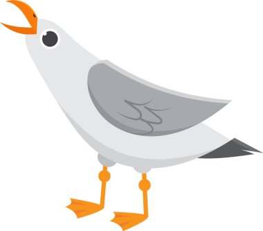 Whimsical cartoon seagull stands screaming with its beak open, in vibrant gray, white, and orange colors, perfect for web, print, or digital use clipart