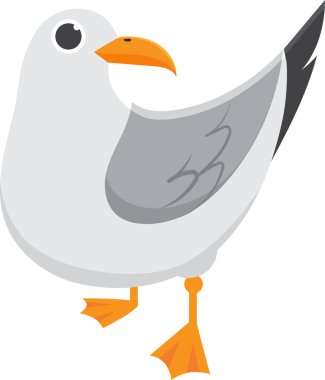 Sevimli çizgi film martıları tek bacakları üzerinde duruyor, kanatları katlanmış ve gagaları açık, beyaz, gri ve turuncu renklerle basit bir arkaplanda. Mutlu, dost canlısı kuş karakteri projeler için mükemmel.