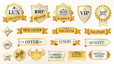 Elegant glossy labels. Vintage golden stickers with premium quality and best choice badges for product rating. Vector certificate and sticker set. clipart