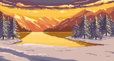 Retro 8 bit kış manzarası. Karlı dağlar ve ağaçlı orman, retro oyun için piksel sanat arka planı. Vektör karlı kış manzarası.