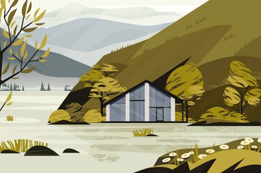 Orman evi manzarası. Ağaçlarla çevrili ahşap kulübesi olan soyut doğa arka planı, çalılar ve çimenlerle kaplı modern bir ev. Vektör illüstrasyonu.