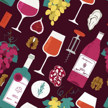 Şarap aperatifleri kalıbı. Tatil partisi için geleneksel Fransız aperatiflerinin kusursuz baskısı kırmızı şarap arka planında baget sosis peyniri ve üzüm. Vektör dokusu.