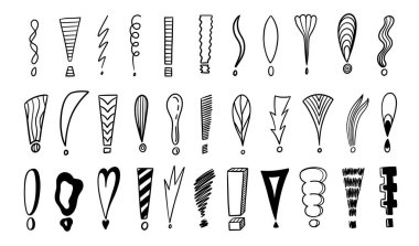 Karalama ünlem işareti. El çizimi noktalama işaretleri, ünlem sembolleri, kalem mürekkebi karalaması ünlem simgesi. Vektör izole edildi.