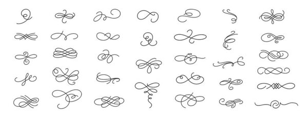 Line flourish swirl. Elegant decorative filigree flourishes script cursive swirls, ornamental flourish corner decorative elements. Vector collection.