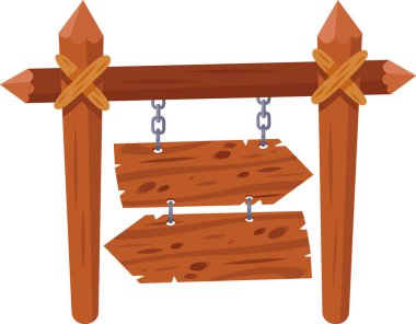 Two weathered wooden arrow signs are hanging from chains attached to a sturdy wooden signpost, creating a rustic and charming wayfinding display clipart