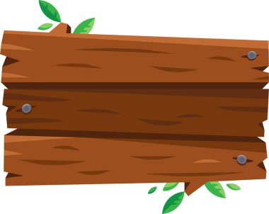 Etrafında çivi ve yeşil yapraklar büyüyen boş tahta tabela, duyurular veya mesajlar için kırsal ve doğal bir zemin sağlıyor