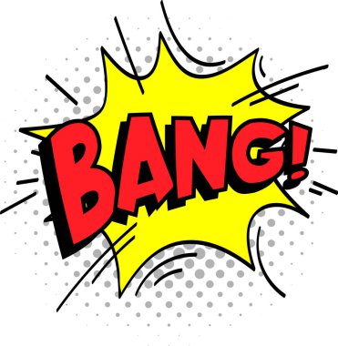 Kırmızı Bang çizgi roman patlama metni sarı yıldız patlaması ve gri yarım ton noktalar, grafik tasarımında sürpriz, eylem ve etki çağrıştıran