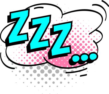 Çizgi roman sanatının üç Z harfli uyku sesi efekti ve pembe ve gri yarım ton noktalı bir konuşma balonu uykusuzluğu, dinlenmeyi ve rüya görmeyi temsil ediyor.