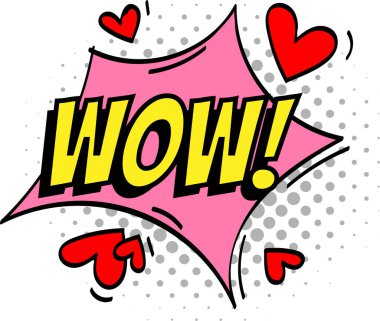 Renkli komedi konuşma balonu aşk ve şaşkınlığı ifade eder, kalplerle süslenmiştir ve yarım tonlu noktalar romantizm dokunuşu içindir.