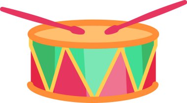 Two drumsticks are hitting a colorful toy drum, creating a cheerful and playful musical scene, perfect for children s illustrations or music related projects. clipart