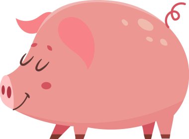 Tatlı pembe bir domuzun mutlu bir şekilde yürüdüğünü gösteren karikatür çizimi, beyaz bir arka planda izole edilmiş, çocuk kitapları, eğitim malzemeleri ya da çiftliğin cazibesine ihtiyaç duyan her proje için mükemmel.