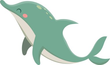 Çocuk kitapları veya eğitim materyalleri için ideal olan yüzgeçlerini ve kuyruklarını gösteren, suyun altında yüzen mutlu bir turkuaz yunusun çizgi film çizimi