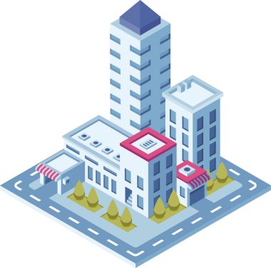 Isometric şehir binaları, gökdelenler, ofisler ve ticari alanların yer aldığı, ekonomik büyümeyi ve modern altyapıyı sembolize eden kentsel kalkınmayı gösteriyor.