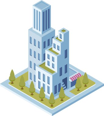 Kentsel kalkınma ve sürdürülebilir mimariyi temsil eden, yeşil alanları olan modern gökdelen ve ofis binalarının farklı görünümleri