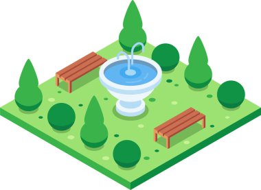 Huzurlu izometrik park sahnesinde bir çeşme var. Etrafı banklar, ağaçlar ve çalılarla çevrili. Huzurlu bir vaha oluşturuyor.