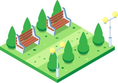 Bankları, sokak lambaları ve dinlenmek için huzurlu bir yer gösteren manikürlü çalılıkları olan Isometric şehir parkı..