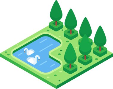 Ağaçlarla çevrili bir gölette yüzen iki kuğunun olduğu huzurlu bir parkın Isometric vektör çizimi.
