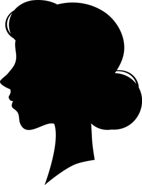 Geçmişe dönük saç stili olan siyah siluet kadın profili, beyaz arka planda izole edilmiş..