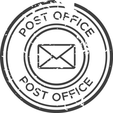 Postane kauçuk damgası eşmerkezli daireler ve beyaz arkaplanda izole edilmiş bir posta zarfı simgesi.