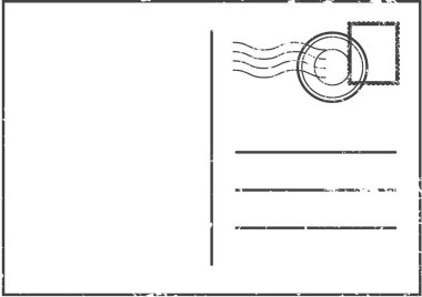 Yazmak için boş bir alan, dairesel bir posta damgası, dikdörtgen bir damga, nostalji ve seyahat anılarını çağrıştıran eski bir kartpostal.