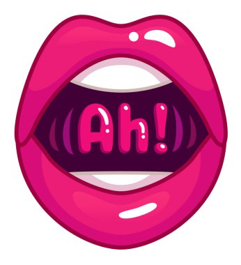 Glossy pink lips of a woman are widely open, saying ah. with visible sound vibrations. clipart