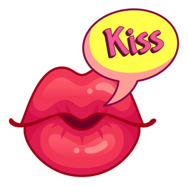 Karikatür çizimi, kırmızı, nefis dudakların bir konuşma baloncuğuyla öpüşmesi ve öpücükle....