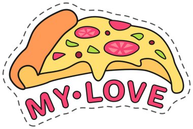 Damlayan peynirli çizgi film pizza dilimi ve bu popüler yemek için sevgimi ifade eden kelimeler..