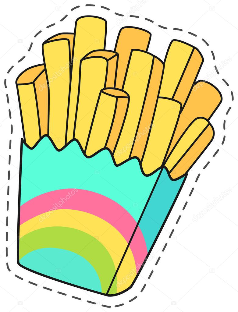 French fries served in a colorful box with a rainbow design, presented as a sticker with a dashed border.