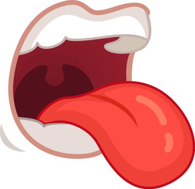 Cartoon mouth with tongue out on white background, focusing on teeth, tongue, and taste buds in red, pink, and white colors. Ideal for creative projects clipart