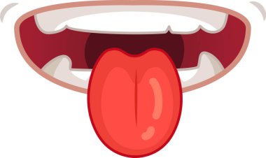 Kırmızı, pembe dudakları ve dişleri olan komik bir ağız, beyaz arka planda dudaklarını şakacı bir şekilde yalıyor. Eğlenceli projeler için mükemmel